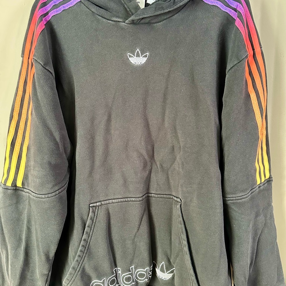 Adidas Black Hoodie with Rainbow Stripes